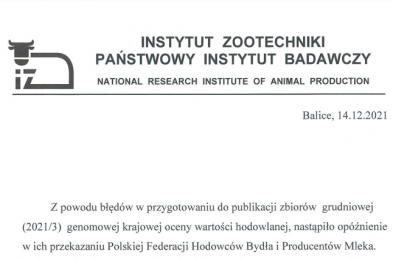 Instytut Zootechniki wyjaśnia opóźnienie w publikacji grudniowych wyników OWH