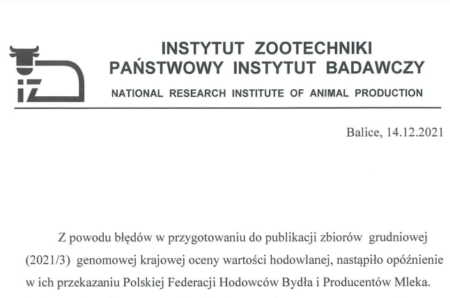 Instytut Zootechniki wyjaśnia opóźnienie w publikacji grudniowych wyników OWH